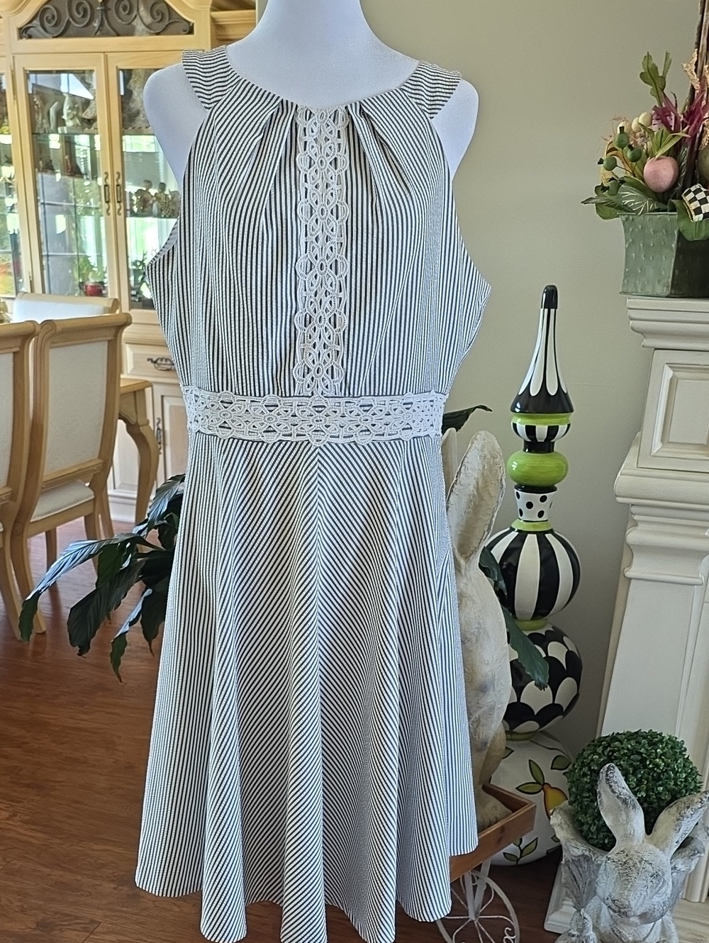 London Times Black and White Striped Lace Trim Sleeveless Dress